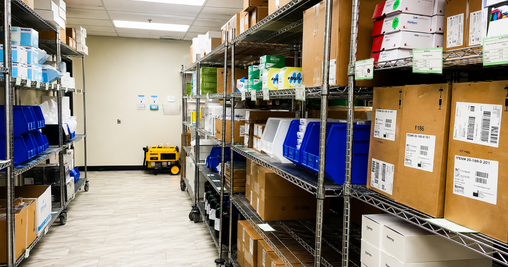 Lab with organized supplies in the storage area.